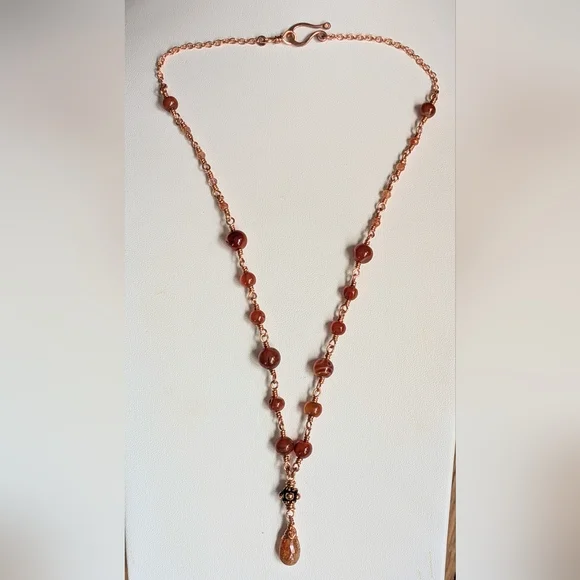 Elegant Carnelian Agate Necklace Artisan Crafted Copper Chain - Picture 7 of 15